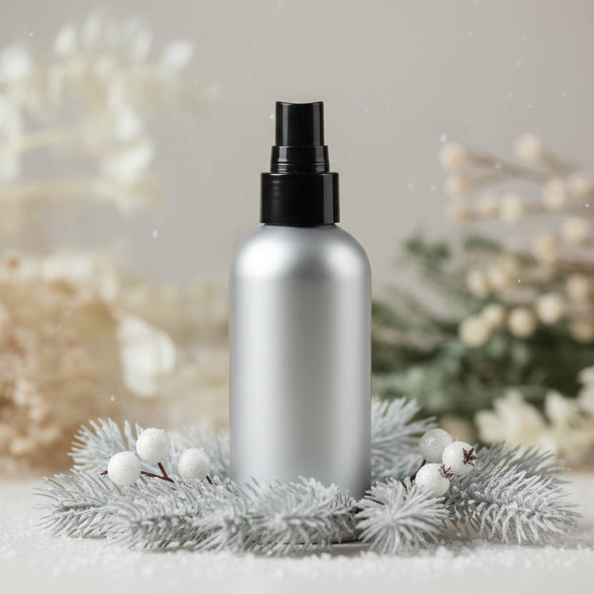 Create a holiday inspired photography of a matte silver bottle with black mister top with subtle holiday elegance featuring soft lighting with clean minimalist aesthetic. Subtle natural elements like frosted silver spruce branches, white berries and snow or gentle botanical background with overall natural tones of whites, creams and beiges