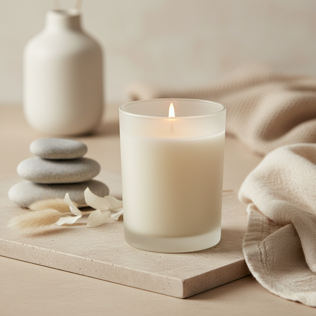 Oak + Ember candle with home fragrance background
